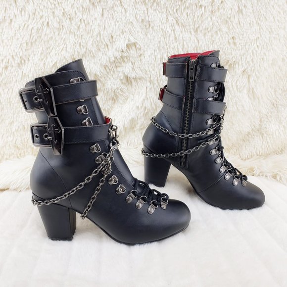 Vivika Goth Granny Ankle Boots Coffin Straps & Chain - Picture 13 of 16